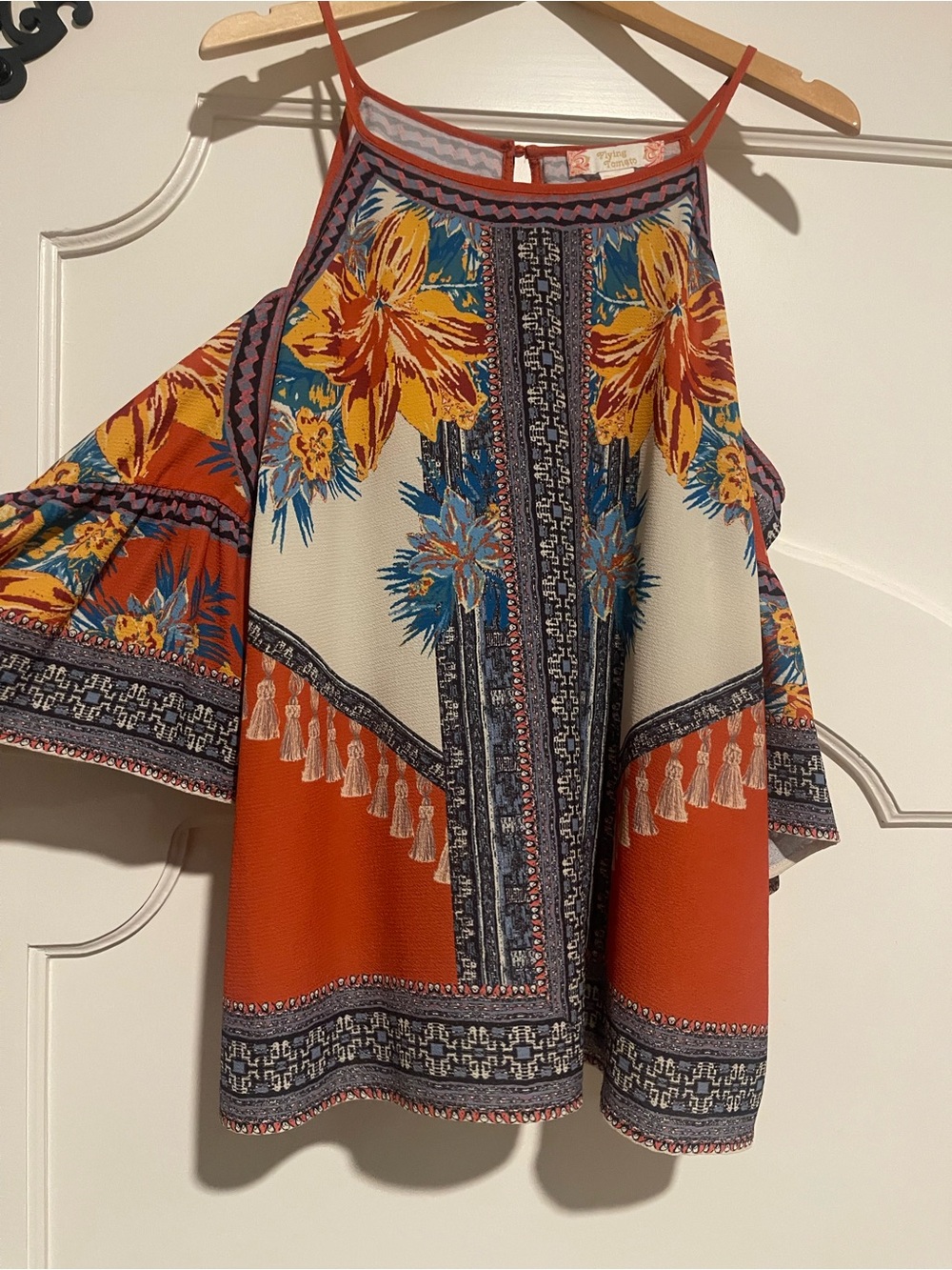Flying Tomato Orange Floral Cold-Shoulder Halter Top